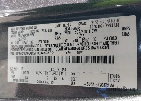 2017 Ford Escape Se z USA, uszkodzony, nr VIN 1FMCU9GD2HUA35332